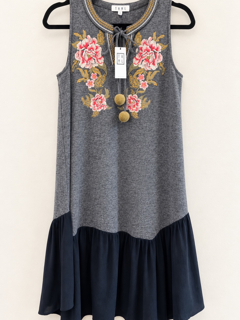THML Gray Dress with Pink Floral Embroidery and Navy Ruffle